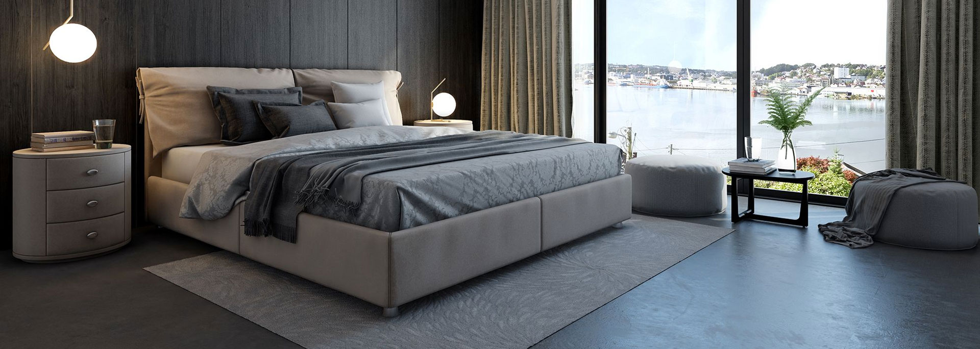 Waterfront Hotel Bedroom Suite 3D photorealistic architectural visualization of a waterfront hotel suite