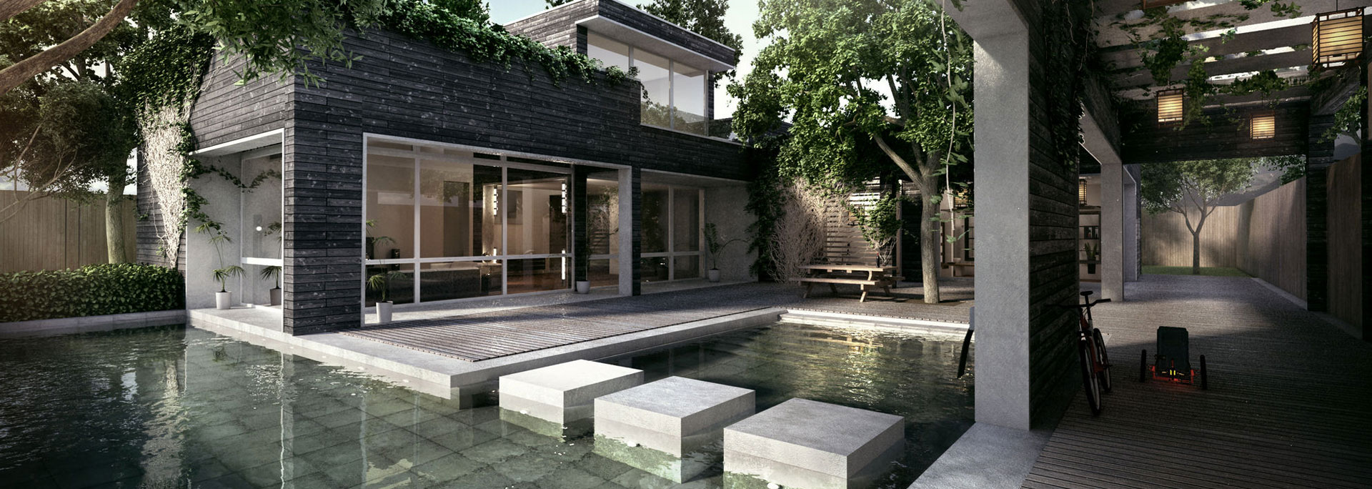 3D photorealistic architectural visualization of a modern Japanese influenced courtyard with custom water feature