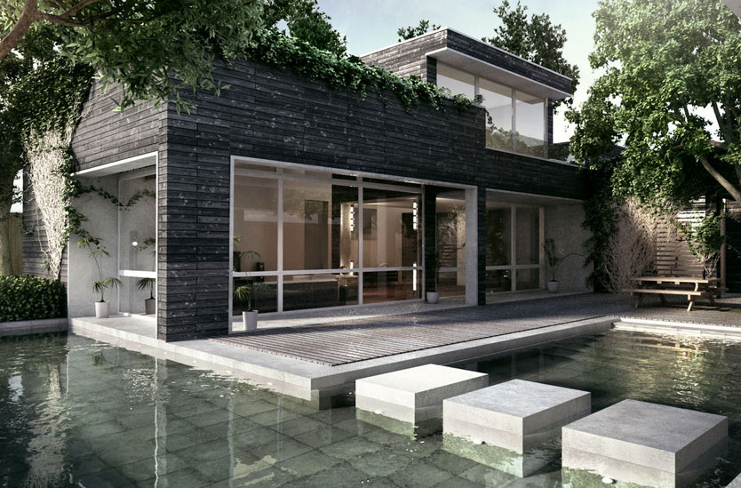 3D photorealistic architectural visualization of a modern Japanese influenced courtyard with custom water feature