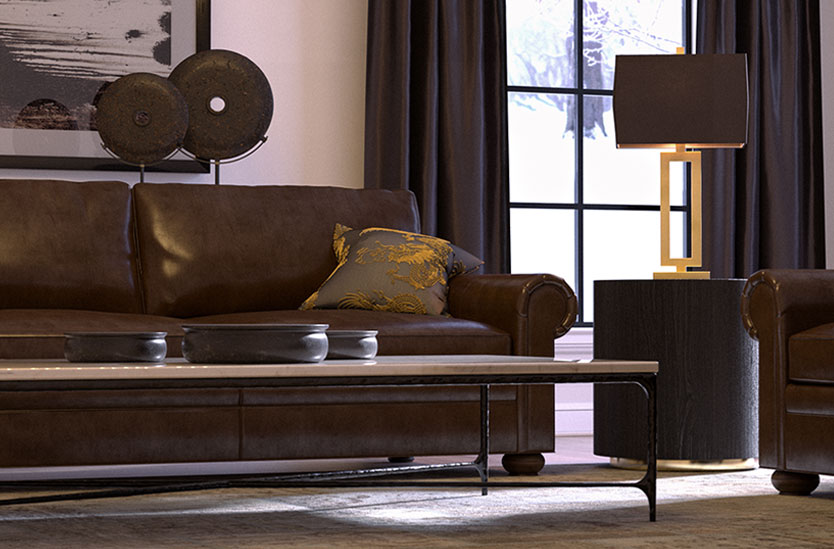 3D photorealistic architectural visualization of a Restoration Hardware inspired living room