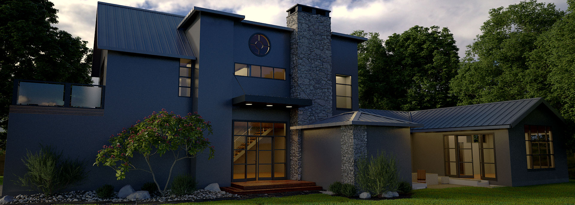 Organic modern home with ipe wood deck ceiling and mixed stucco and stone exterior