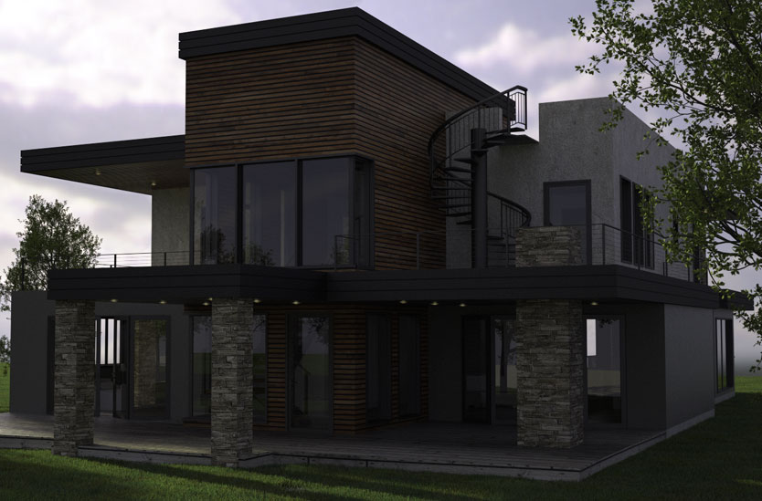Organic modern home with ipe wood deck ceiling and mixed stucco and stone exterior