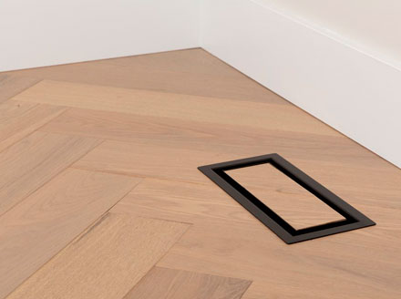 Aria Vent - OG Aria OG floor register showing a seamless and modern way to integrate your floor air registers into your custom flooring finish