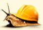A snail wearing a hard hat as a shell, signifying the slow but steady improvements in the construction industry per the Architectural Billings Index.