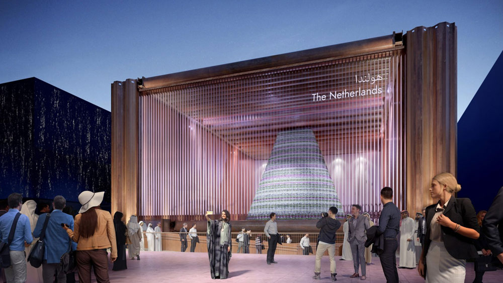 Render of the modern square pavilion installation from the Netherlands for the Expo 2020 Dubai with transparent front facade.