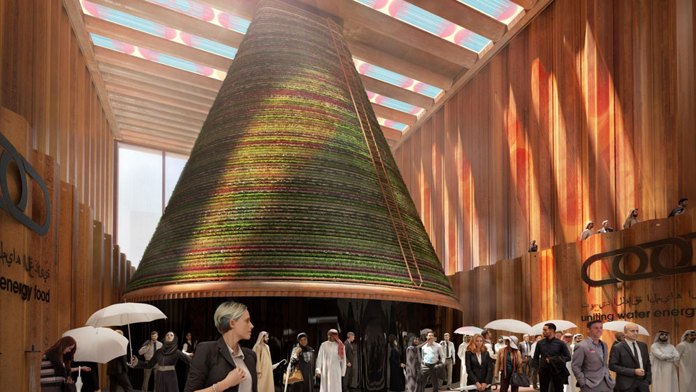 Wood paneled interior of the Dutch pavilion featuring stained glass looking translucent solar panels that cast colored shadows and reflections