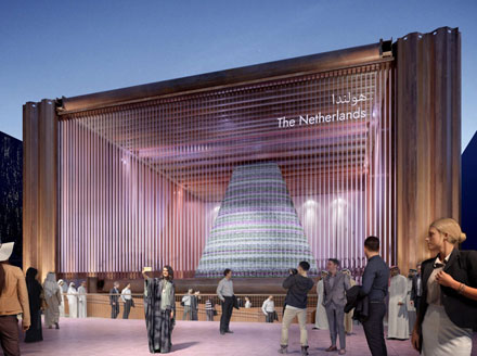 Render of the modern square pavilion installation from the Netherlands for the Expo 2020 Dubai with transparent front facade.