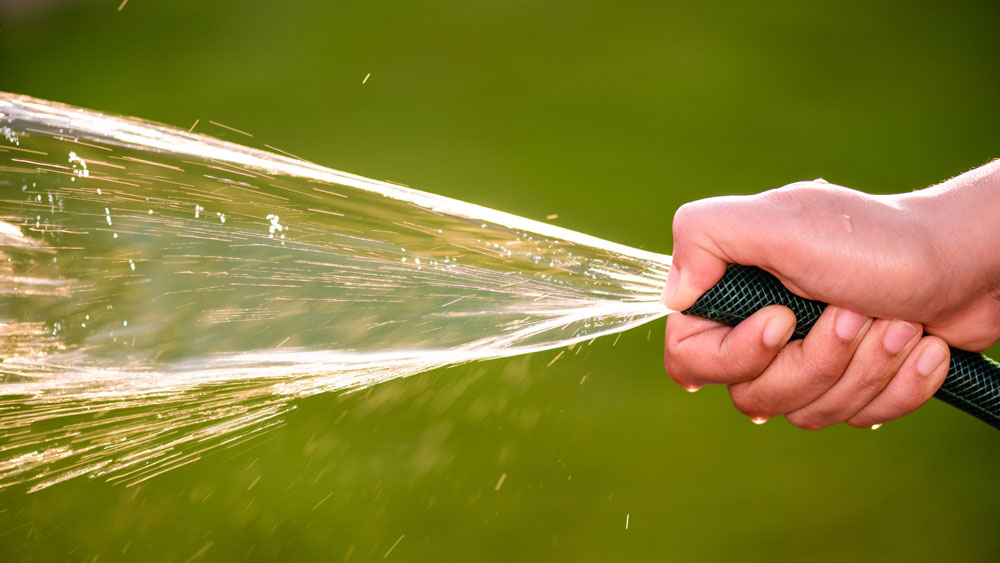 Person's hand with thumb over the end of a hose creating a water spray, signifying hand watering your xeriscape