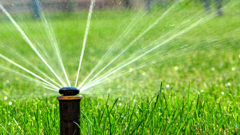 An automated sprinkler spraying a fine mist of water, signifying the evaporation caused by sprinklers