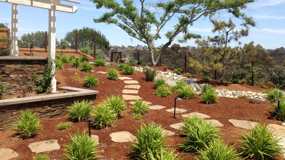 Wood mulch covering a large xeriscaped front yard on a hill, signifying the annual maintenance needed for organic mulches