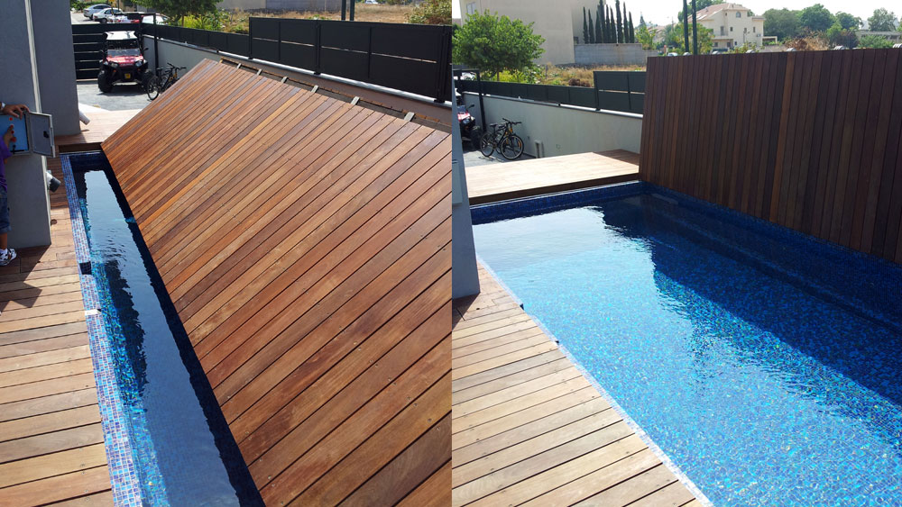 Two pictures of a bifold pool cover made of teak wood decking opening to reveal a blue tile pool in a small side yard