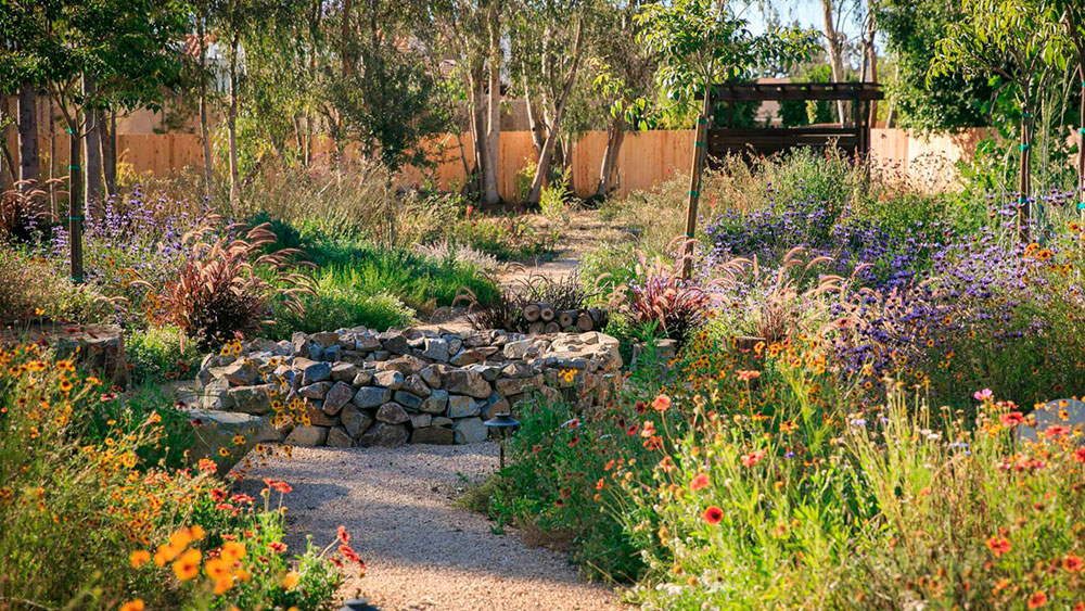 Crushed granite pathway through lush xeriscape with colorful blooming wildflowers and a stone well in the center