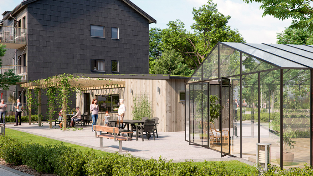 Neighbors gathering outside a BoKlok dark grey prefabricated apartment home with a view of the terraces and greenhouse