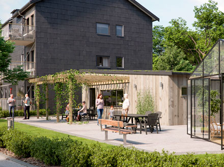 BoKlok Community Neighbors gathering outside a BoKlok dark grey prefabricated apartment home with a view of the terraces and greenhouse