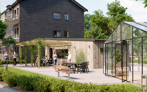 BoKlok Community Neighbors gathering outside a BoKlok dark grey prefabricated apartment home with a view of the terraces and greenhouse