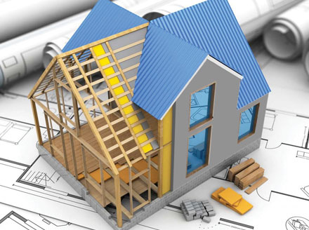 Online House Plans 3d render of a partially built two-story house set amid architectural floor plans and build plans