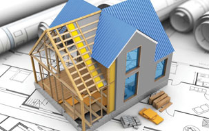 3d render of a partially built two-story house set amid architectural floor plans and build plans