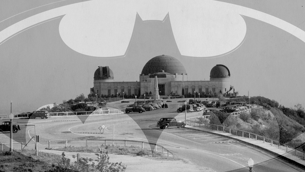 The Griffith Observatory behind the Batman logo, signifying Griffith Park's acquisition of the land where the 1960's TV series was filmed