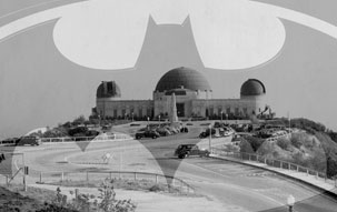The Griffith Observatory behind the Batman logo, signifying Griffith Park's acquisition of the land where the 1960's TV series was filmed
