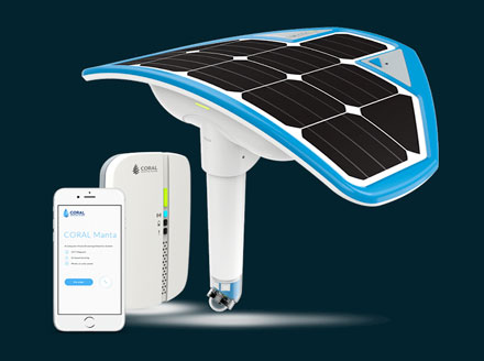 Coral Manta 3000 pool safety system with top mounted solar panels and underwater video camera to monitor motion in the pool.