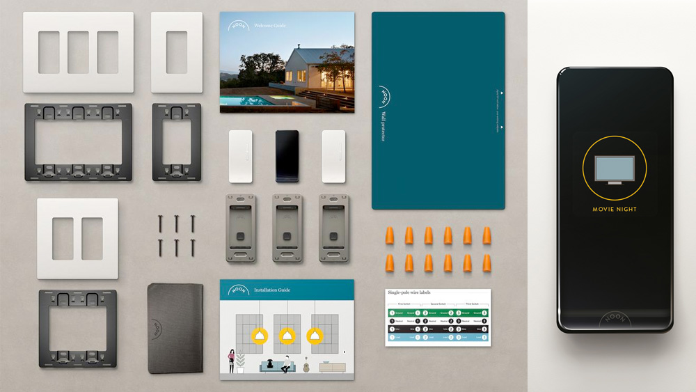 All the components included in a Noon Home starter kit, including one Room Director, two Extension dimmers, and the necessary hardware to install