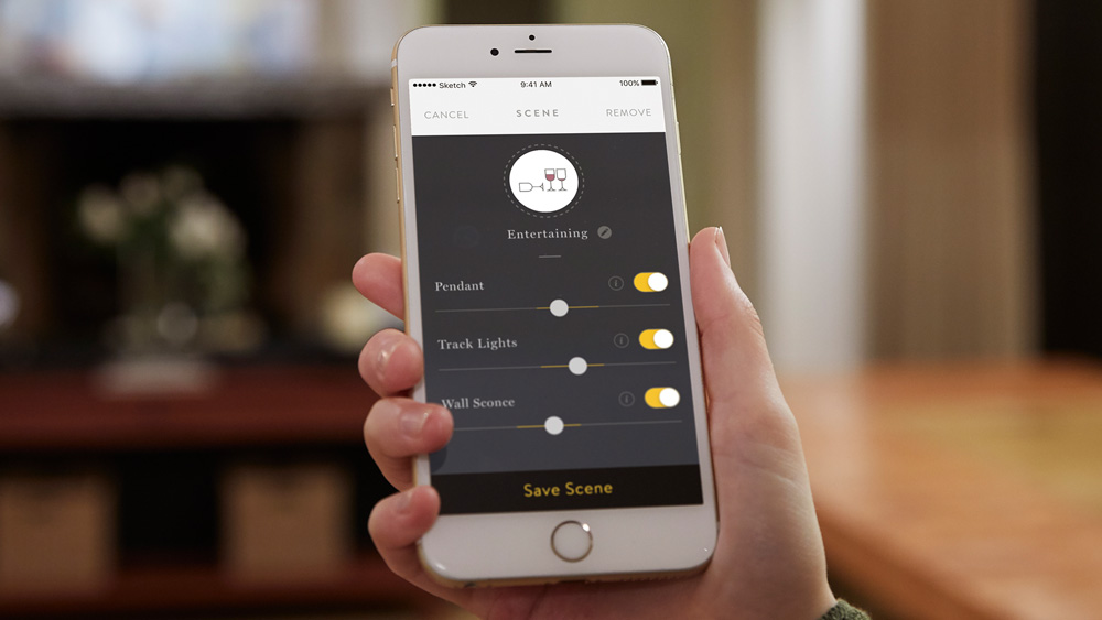 iPhone showing the Noon Home smart lighting system application screen to control the dimming of various light fixtures