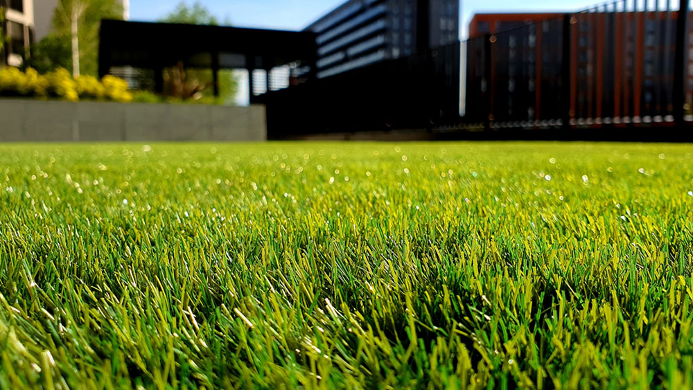 Close up of an artificial grass lawn in the foreground of a modern home