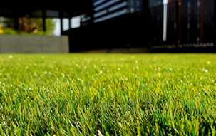 Synthetic Turf Close up of an artificial grass lawn in the foreground of a modern home