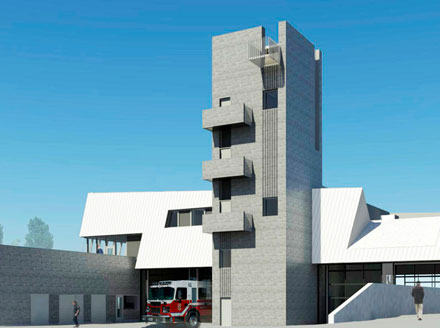 Vancouver Fire Hall 17 Render The redesigned zero carbon emission Fire Hall 17 in Vancouver with a four story concrete exterior tower, 4 engine bays, and white metal roof