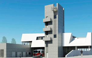 Vancouver Fire Hall 17 Render The redesigned zero carbon emission Fire Hall 17 in Vancouver with a four story concrete exterior tower, 4 engine bays, and white metal roof