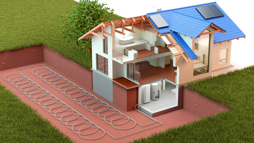 Diagram of a home's geothermal heat pump system, which may be most the efficient and affordable renewable energy resource.