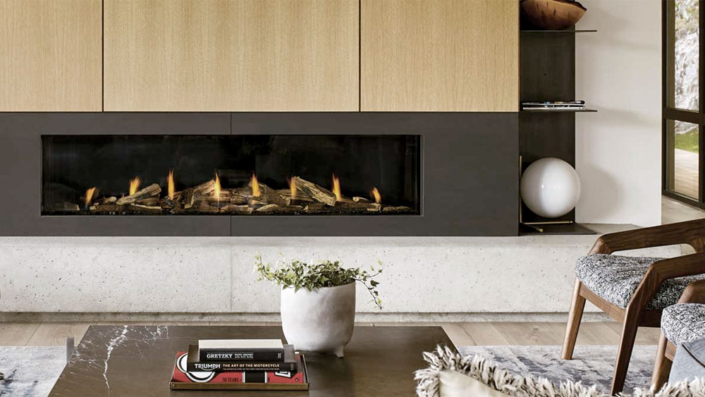 Modern living room with Regency City Series fireplace, showing a perfect setting for connecting a smart switch to a gas fireplace