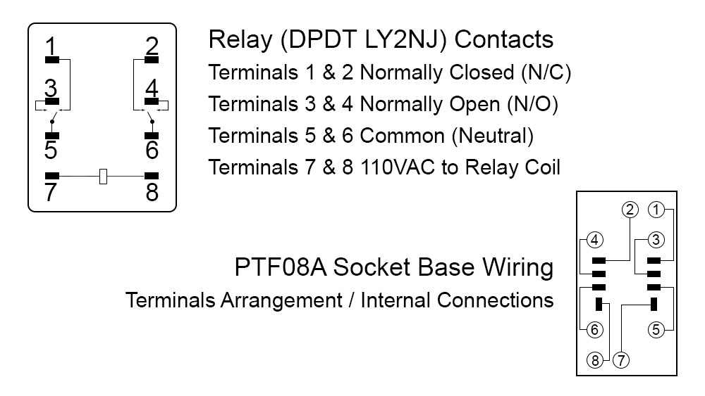 Uxcell DPDT LY2NJ Relay and PTF08A Socket Base Wiring Schematic