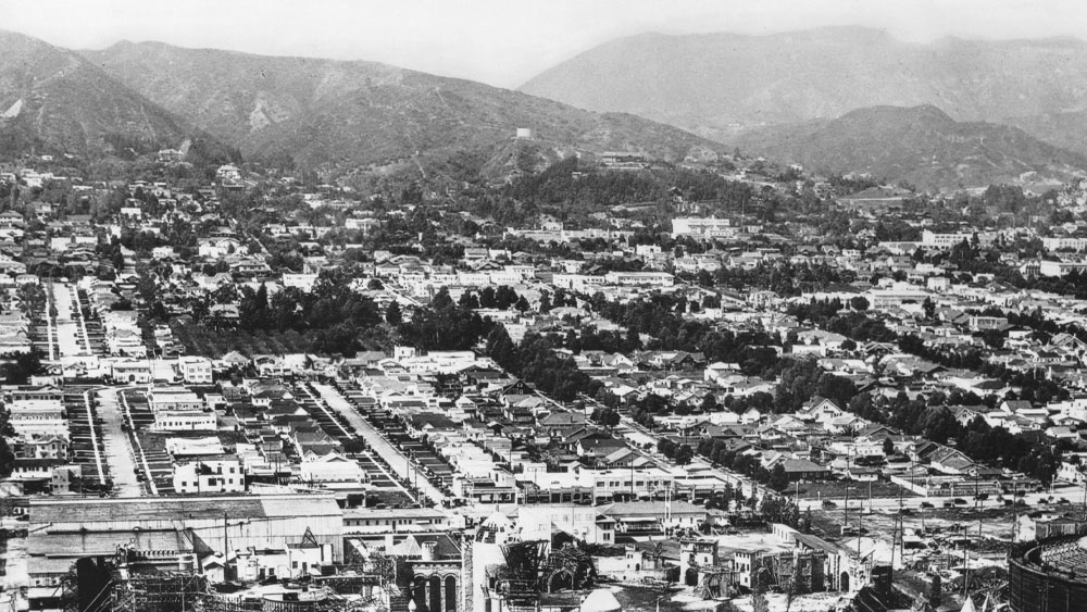 An aerial view of Hollywood, California (1926), showing the Pickford-Fairbanks Studio on Santa Monica Boulevard.